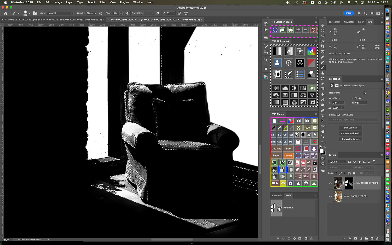 I can check the mask from time to time: you'll see the grey tones on the furniture and flooring versus the pure white blocks over the windows created by the first mask...