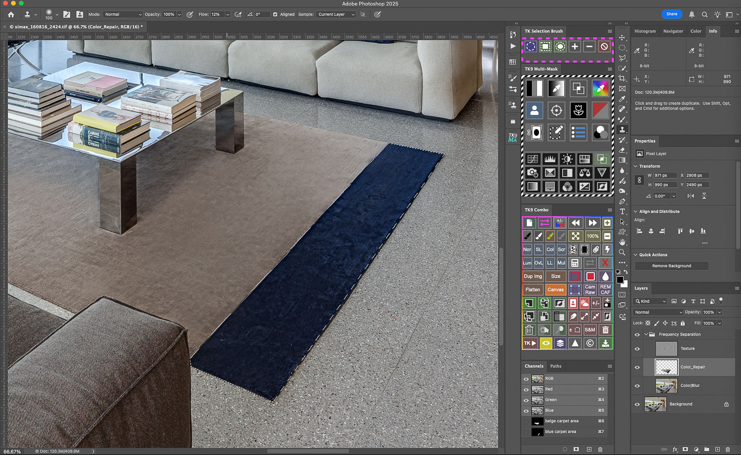 It's going to be the same story for the blue area of the rug....