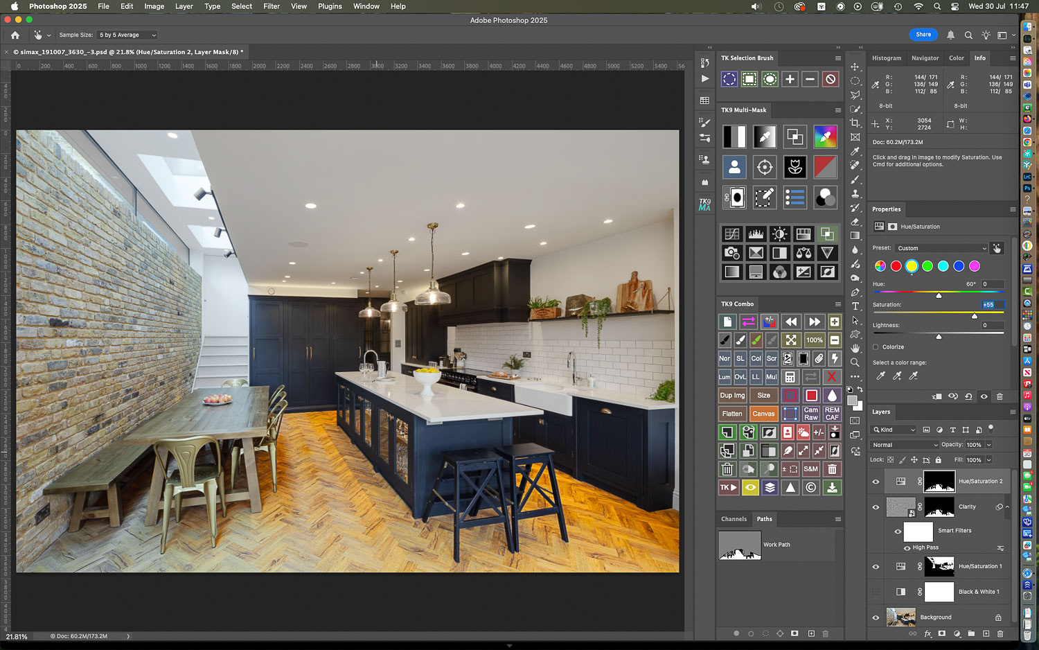 Again, by clicking in the image on a yellow hue and dragging right, I can ramp up the saturation value to get an idea of the areas affected on the floor...
