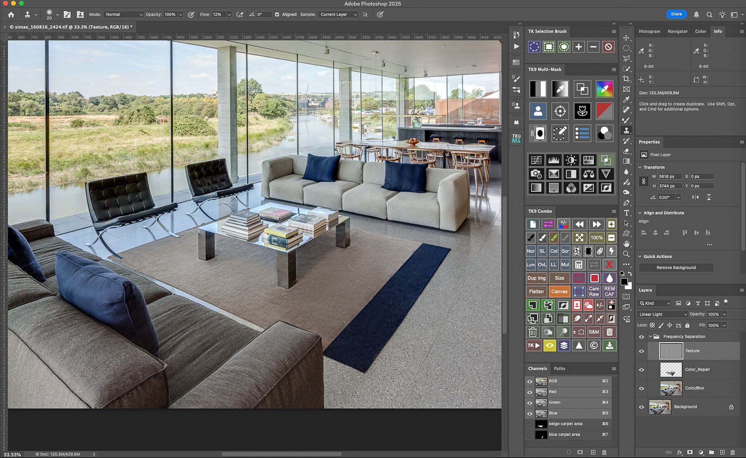 Bear in mind that the Frequency Separation process requires the creation of two duplicate layers: so a tripling of the image file size. So, when happy, you might want to flatten the image.