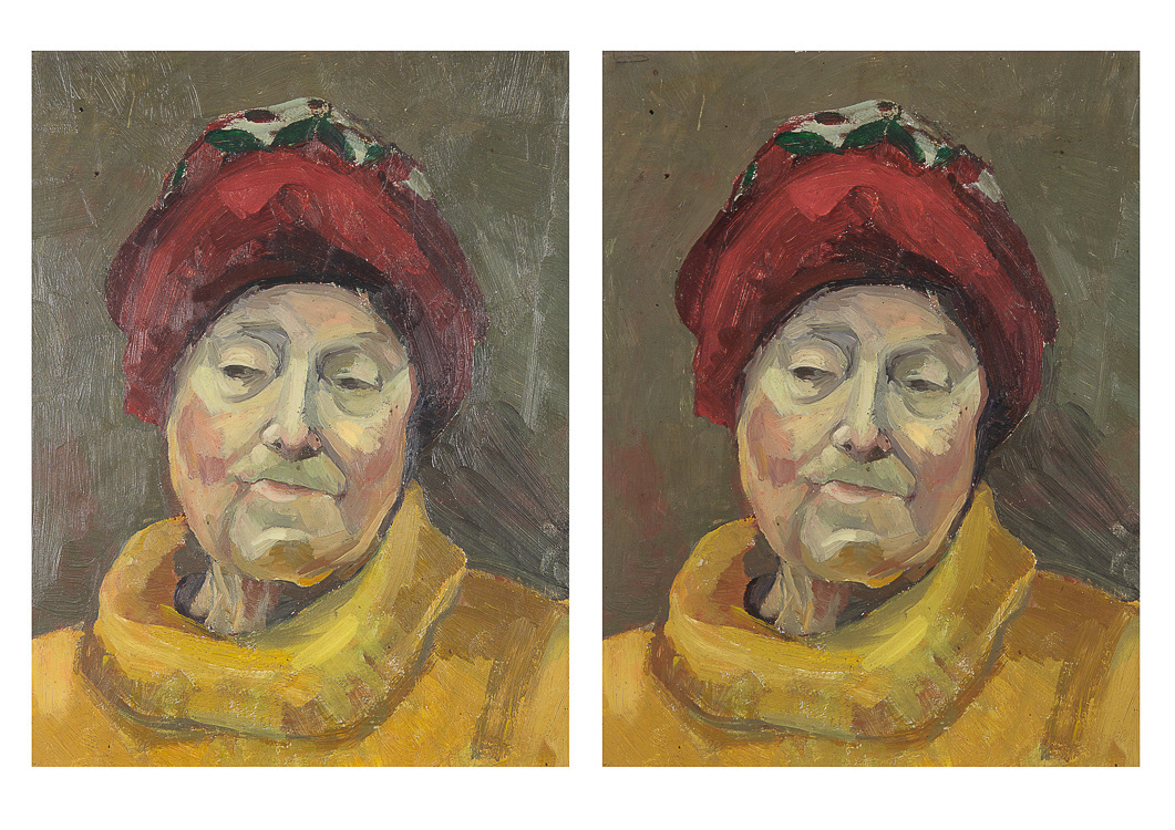 This heavily textured, varnished oil painting throws up a lot of reflections when lit in the usual way (left). Using the cross polarisation lighting technique, these distracting reflections can in most cases be totally eliminated (right).