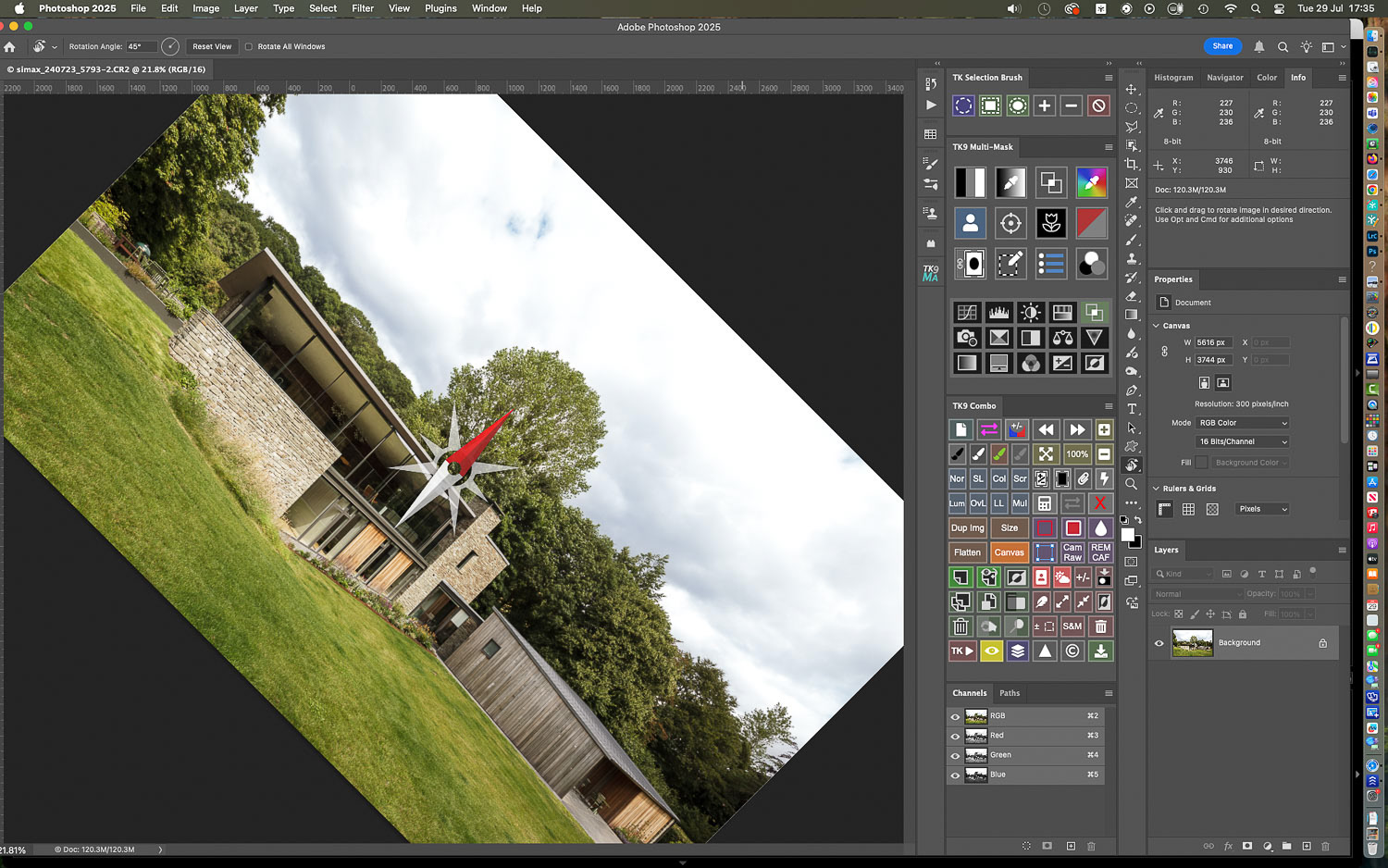 The Rotate View Tool is located near the bottom of the tool bar and is nested with the Move Tool: click near the corner of the image and drag to rotate it....