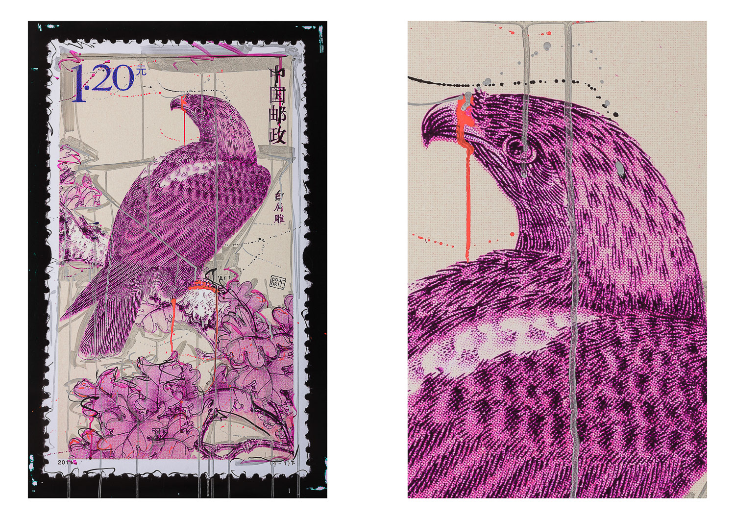 Piers Bourke, bird print, mixed media with detail