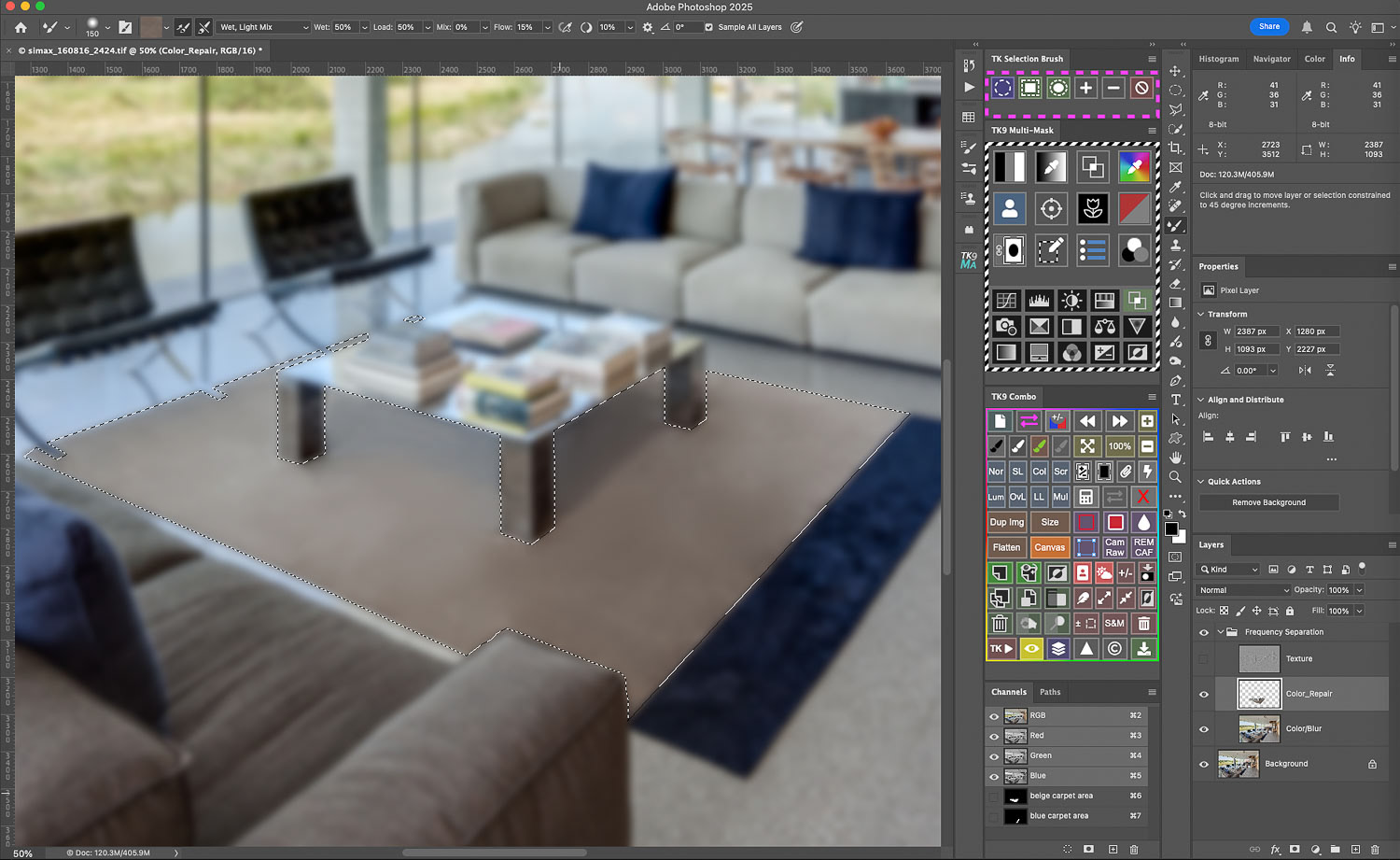 Soon the beige section of the rug is a more uniform tone, with logical shadows retained...