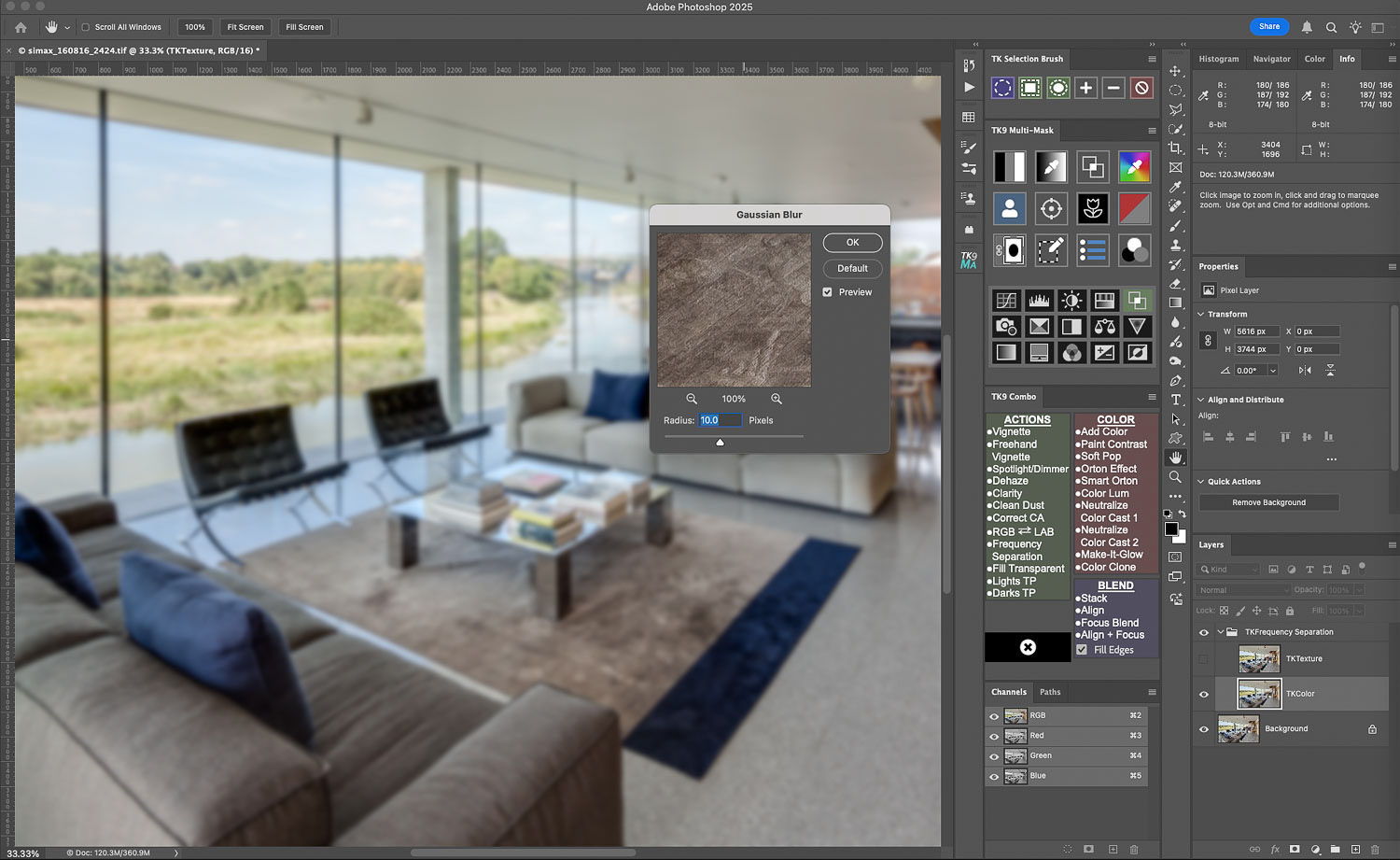 Switching off the visibility of the texture layer and selecting the color/ blur layer brings up the Gaussian blur dialog box with a suggested blur of 10....