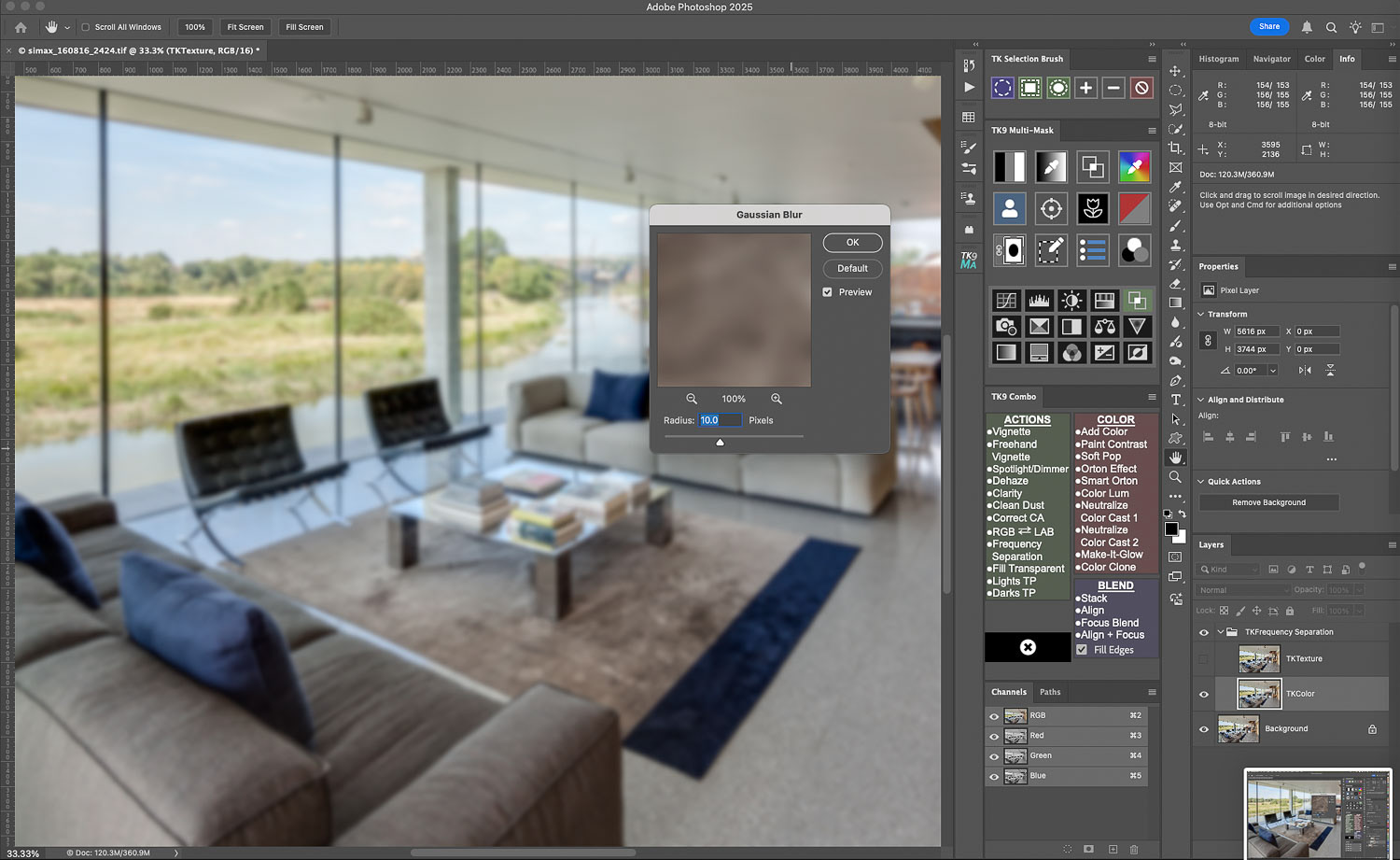 Clicking on the preview window image will toggle the blur effect: aim to apply enough blur just so that textural details are fully softened out...