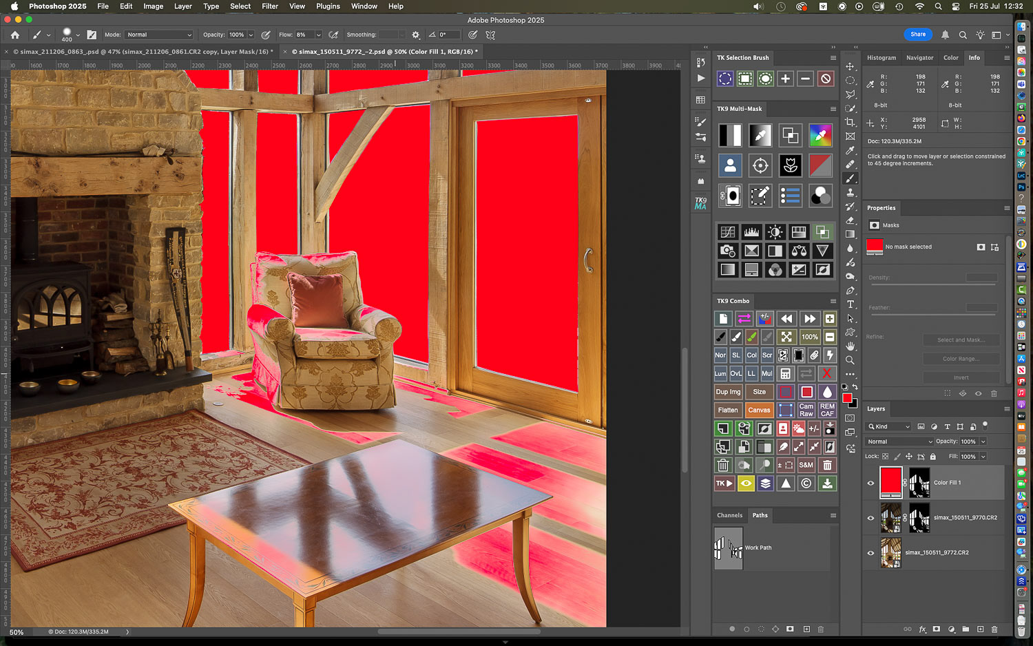 You can see the big blocks of fully applied color over the windows as opposed to the graduated colors in the luminosity masked areas...