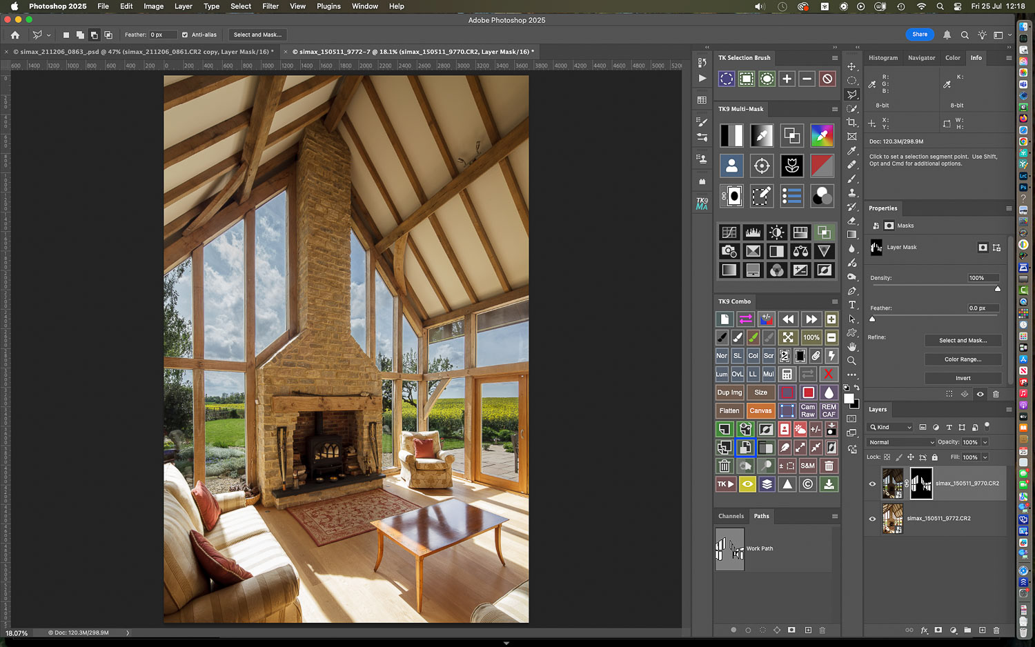with the darker layer on top of the stack, a layer mask is created to show the view only...