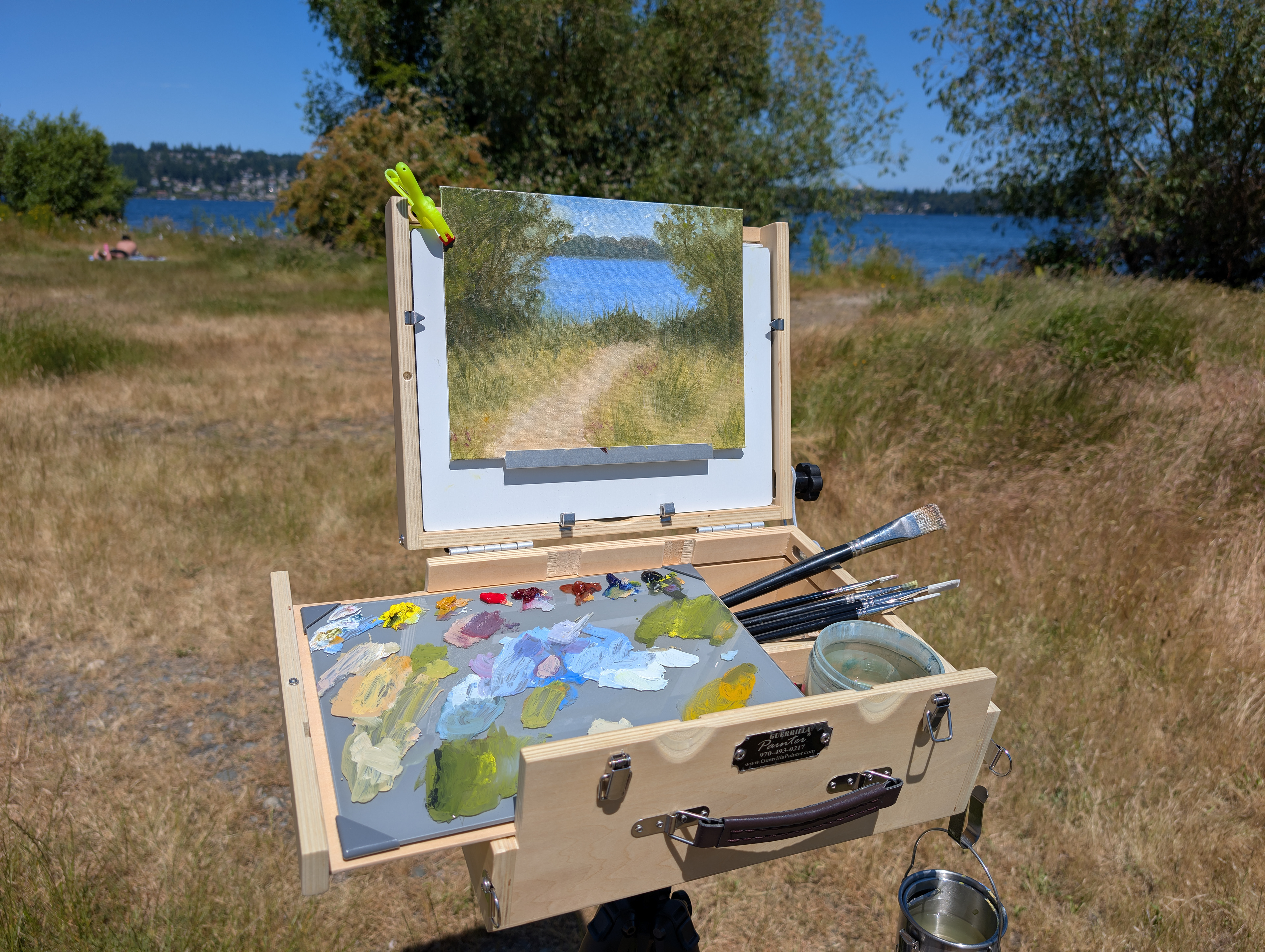 A pochade box easel in a park with a painting of a view of lake washington from Magnuson Park in Seattle, Washington. It's in a grassy area with lush trees on a sunny day.