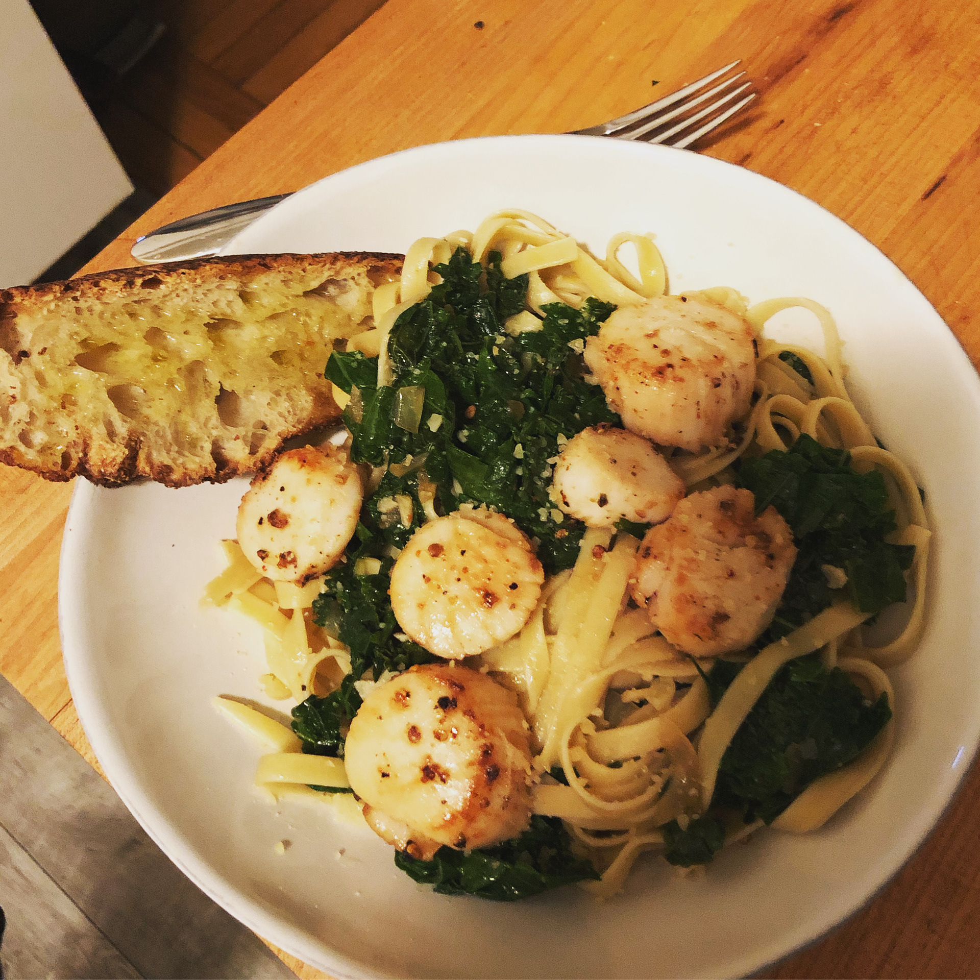 scallops, kale, pasta