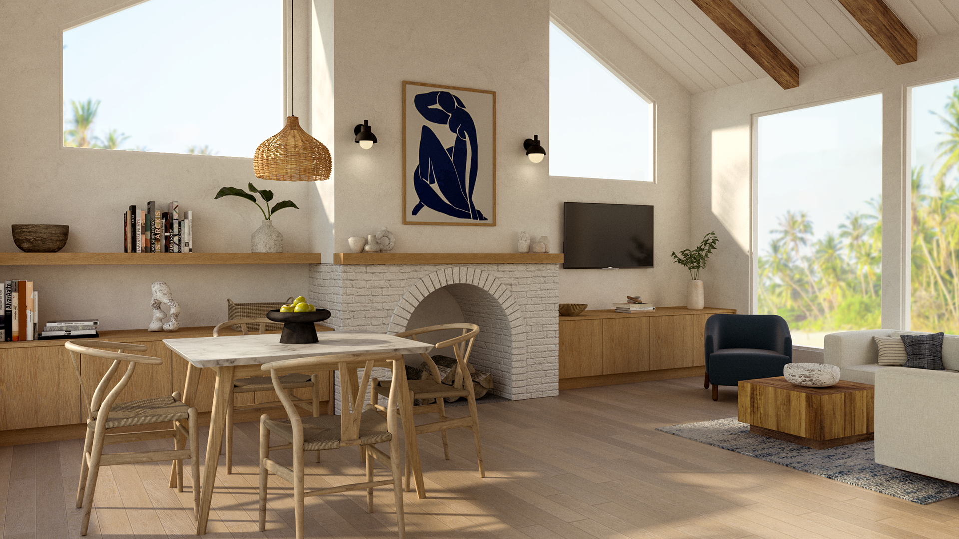 LIVING ROOM/DINING ROOM 3D PERSPECTIVE - (RENDER BY JILLIAN MANN | STAY AWHILE CREATIVE)