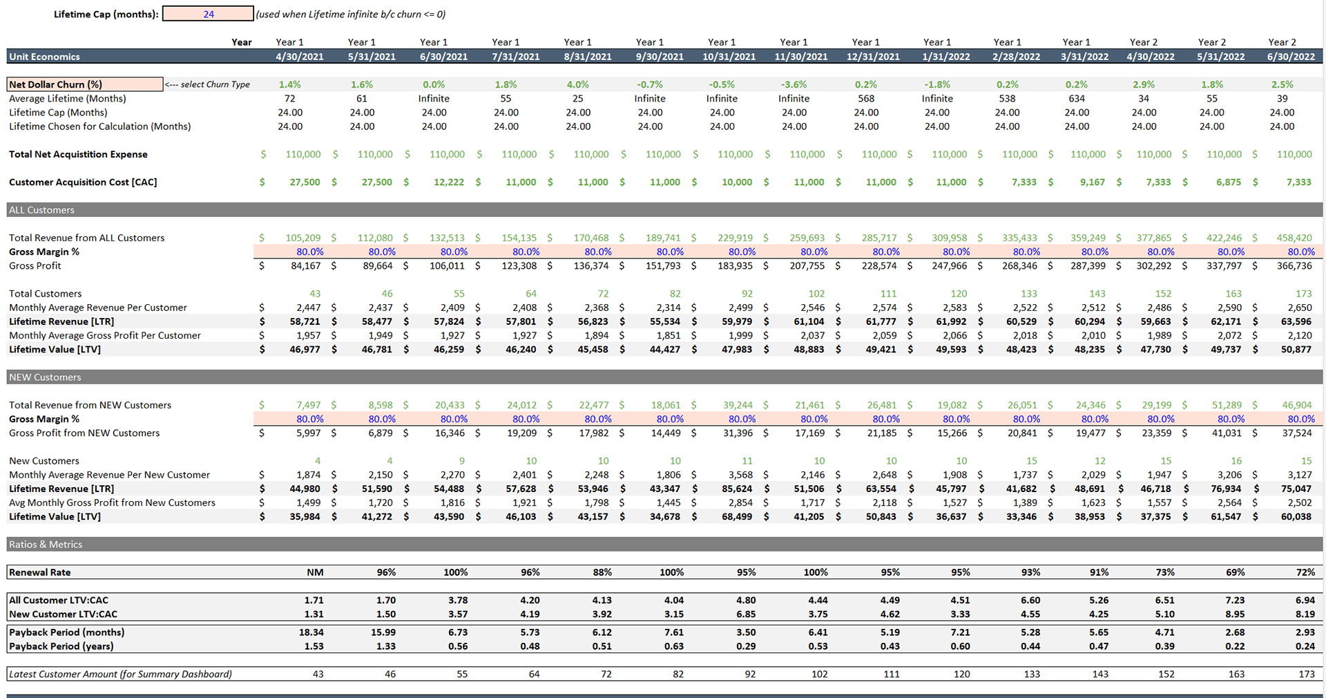 Unit Economics Table, Recurring Revenue / Subscription Model