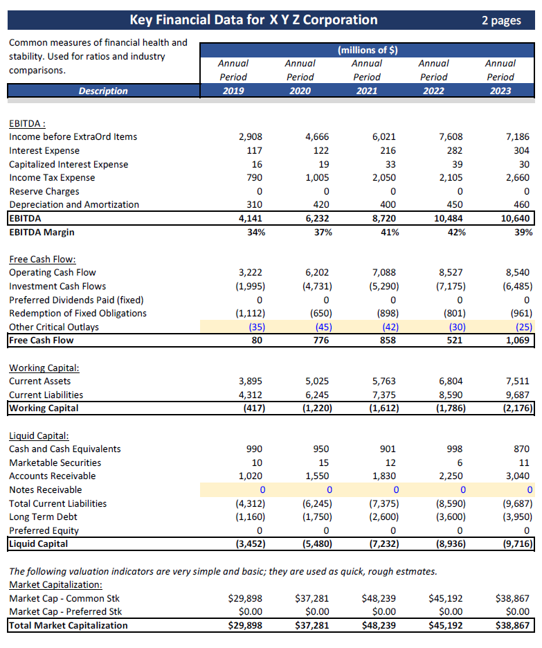Key Financial Data, Sample Model