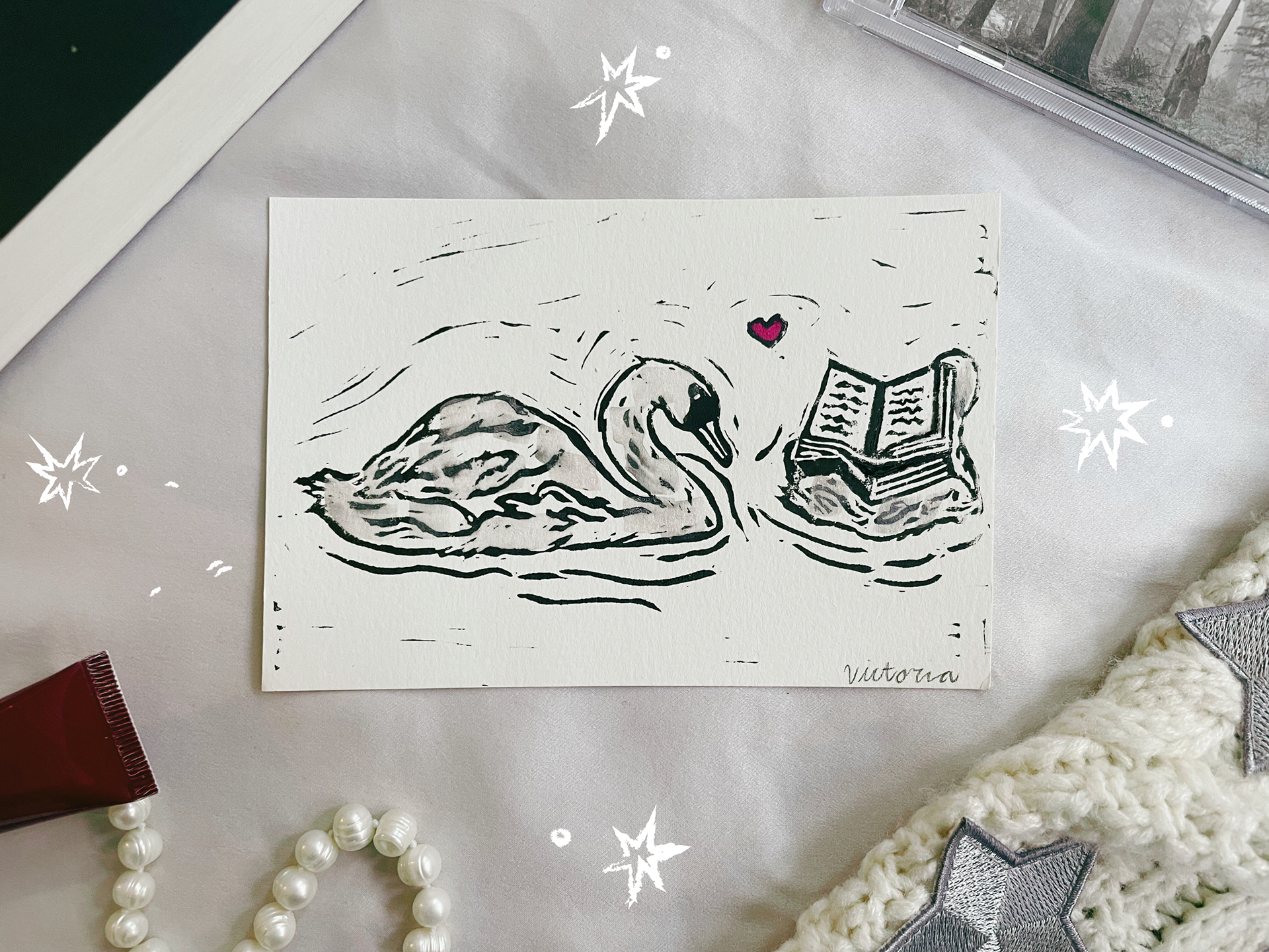 "Swan Book Club" Art Print Linocut | Watercolor