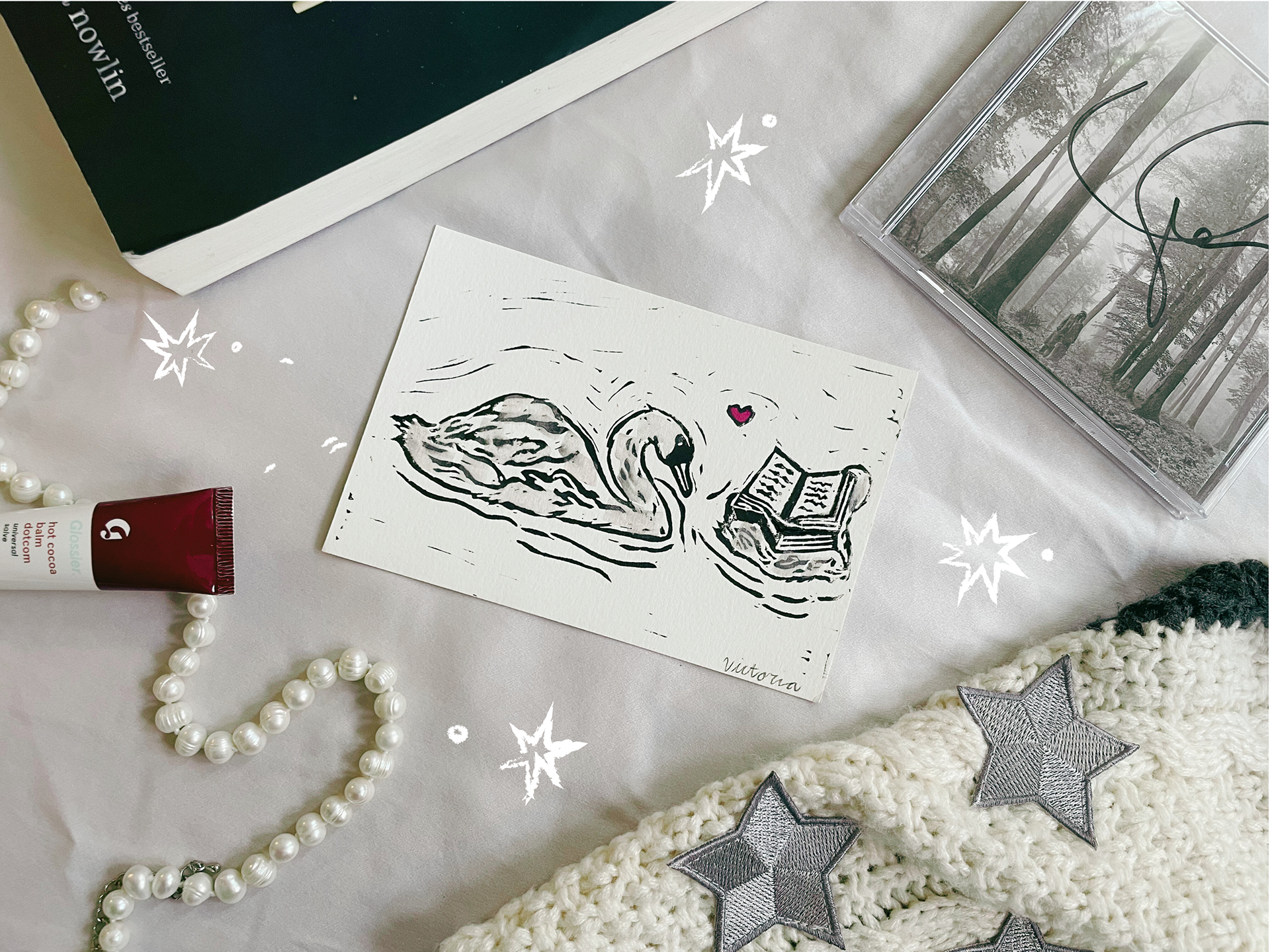 "Swan Book Club" Art Print Linocut | Watercolor