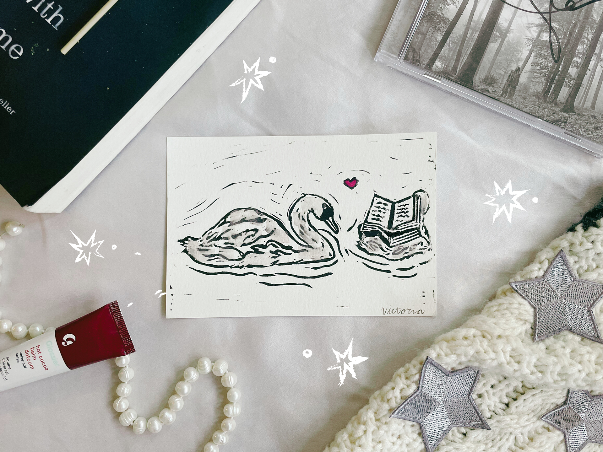 "Swan Book Club" Art Print Linocut | Watercolor