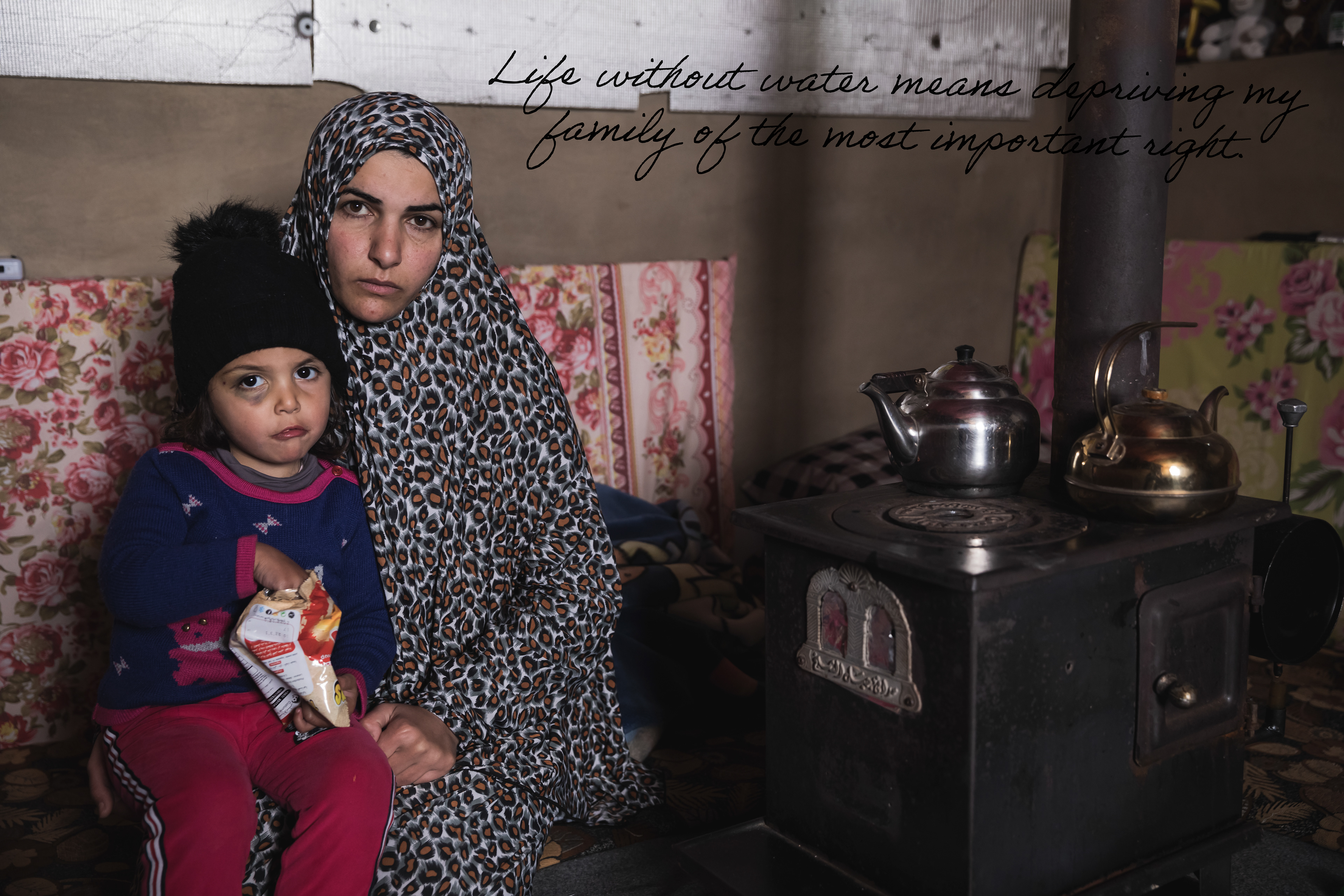 Douaa lives with her husband and children in very poor living conditions. Her oldest boy collects plastic to sell it because they cannot even afford fuel to cook or get warm and did not have safe water because the heavy storms broke their water tank. The LPC provided them with a new one.