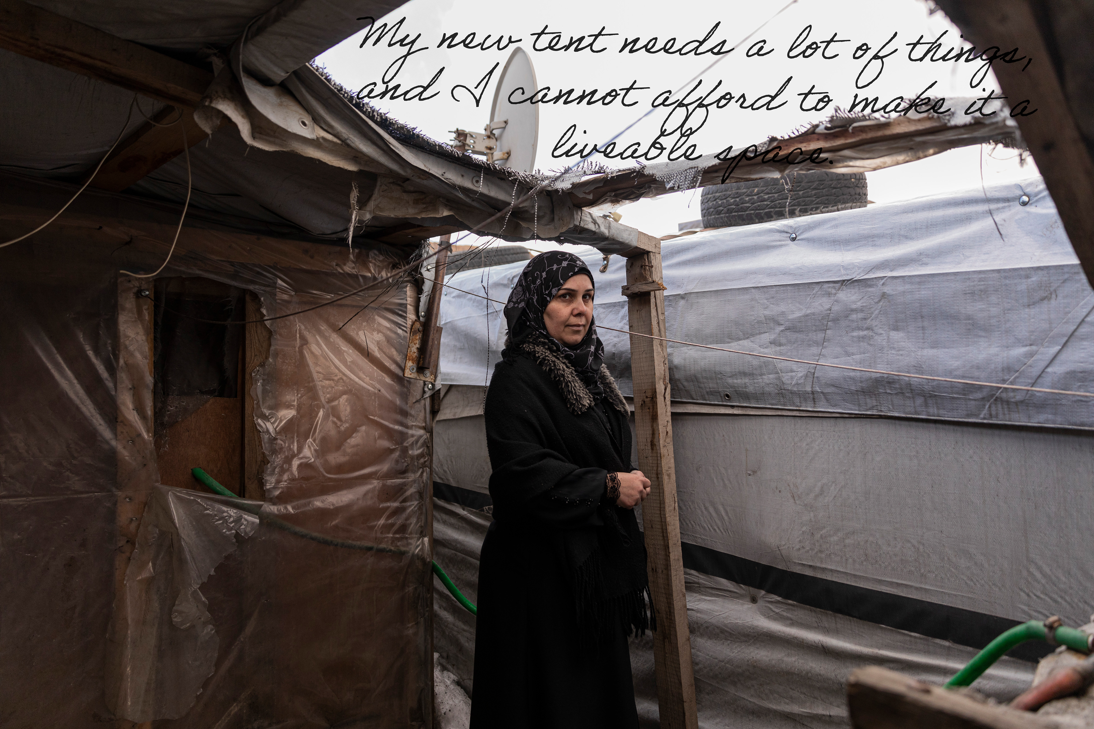 Hadil has recently divorced and is raising 3 boys alone. Due to financial constraints, she cannot repair the tent damaged by the storms. She got a new one but the challenge now is making it liveable. She is even considering withdrawing her children from school and sending them to work and bring some income.