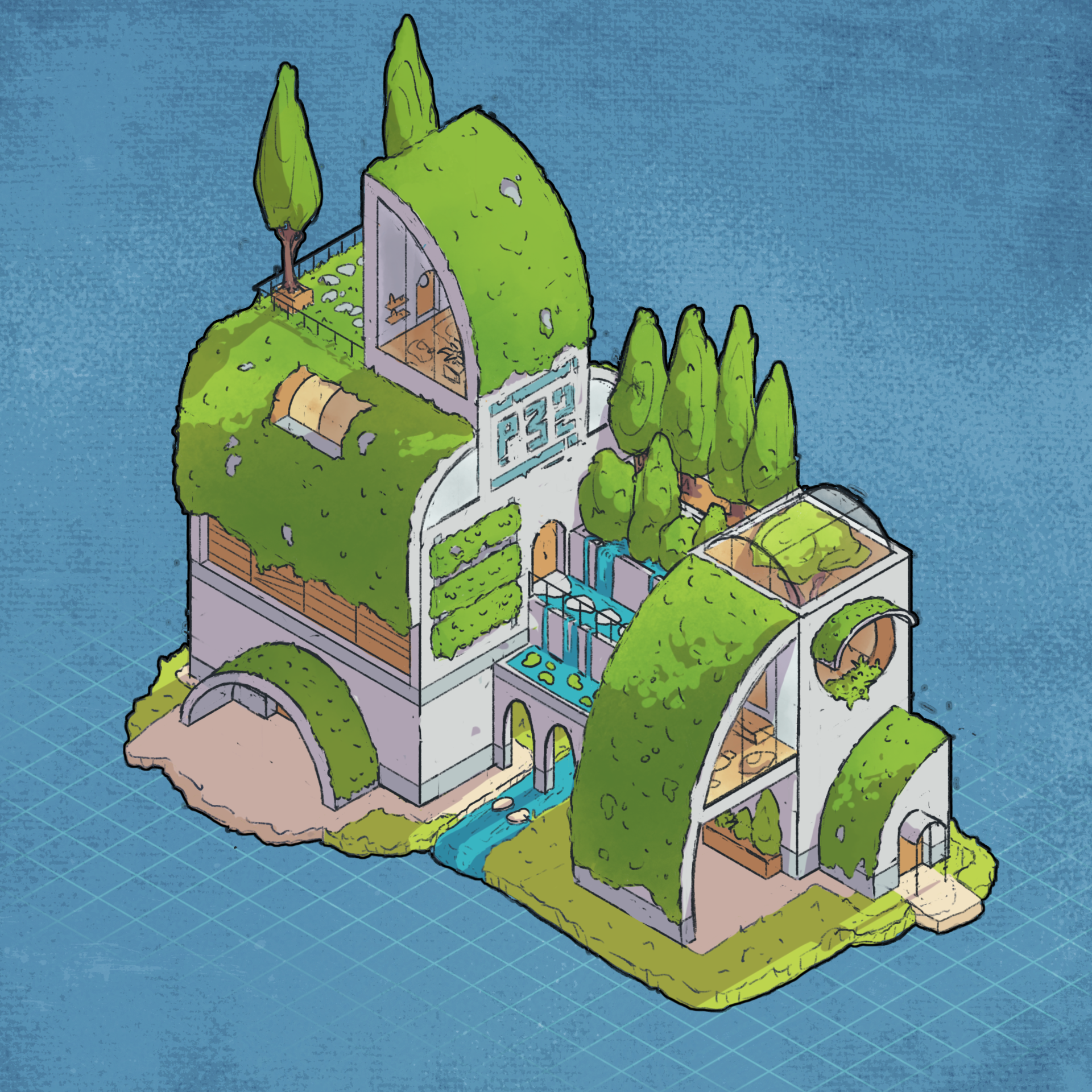 Isometrisches Solarpunk Game Concept Art