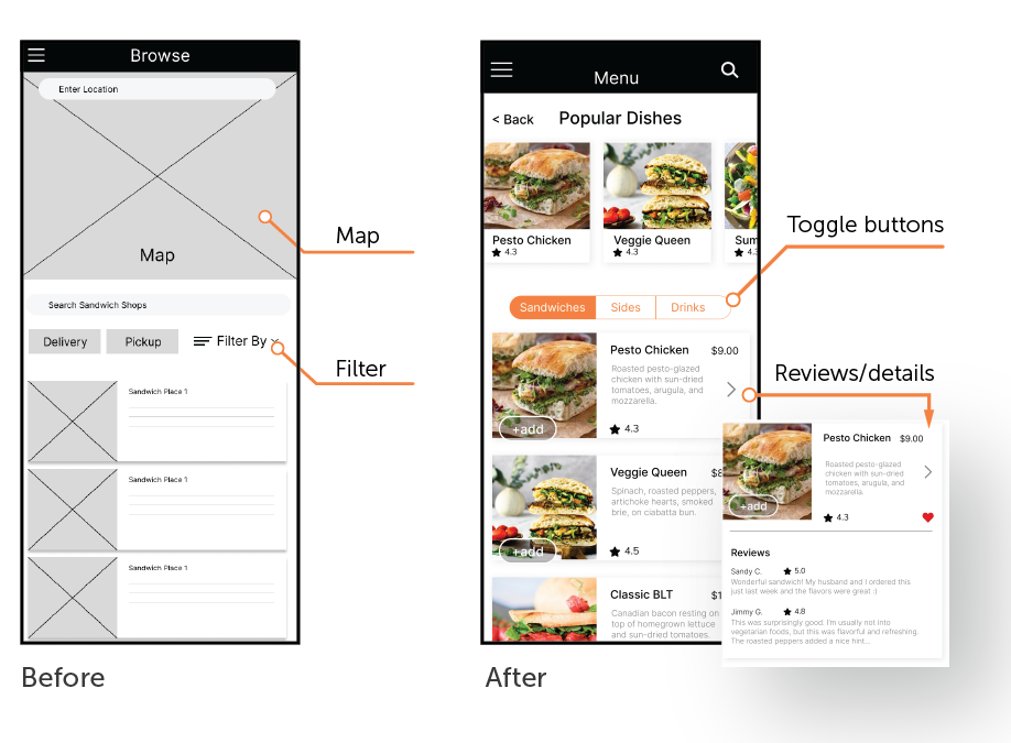 Menu page before and after