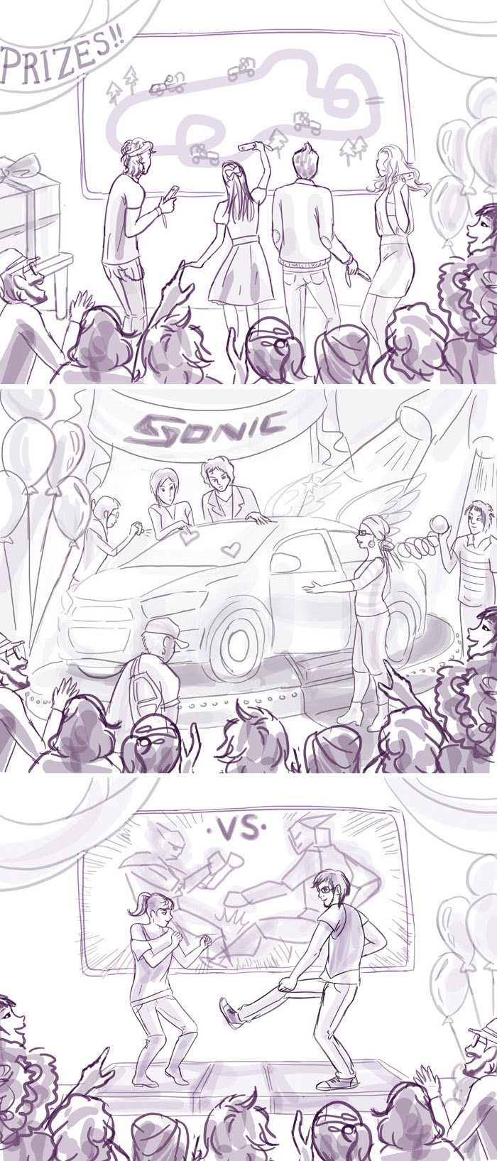 illustrations for a pitch of a promotional party for Chevy Sonic where guests participate in various games to win a mystery prize. Created for Little Room