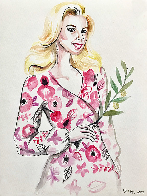 watercolour fashion illustration portrait painting of Athena X from Real Housewives of Sydney holding an olive branch in a pink floral print dress