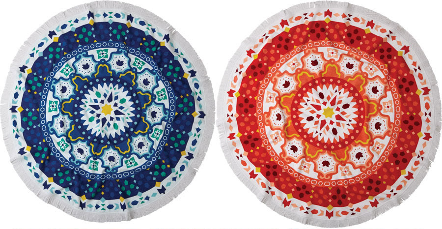 colourful summer geometric tile round mandala beach towels in blue and red