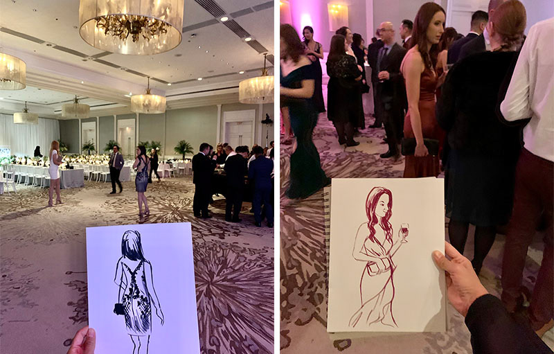live sketches of guests at the 2019 verest Research Clinic holiday party at the Westin Prince Hotel