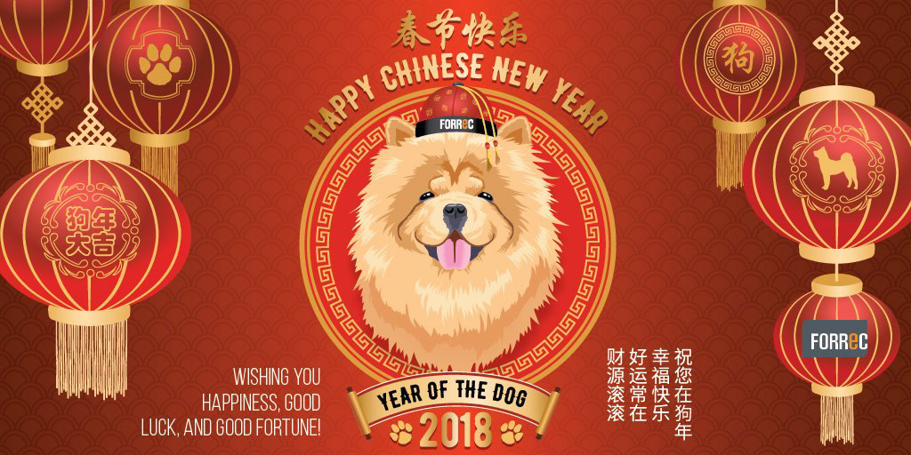 illustrated greeting card for chinese new year: year of the dog 2018 with lanterns, banners, a chow chow and Chinese motifs. Created for Forrec
