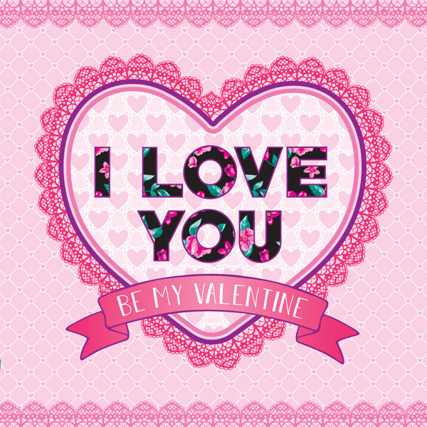 Pink and purple, cute and pretty valentines day love gram with lace and floral elements with the quote "i love you be my valentine"