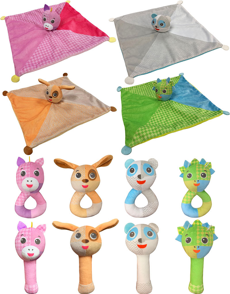 cute mix-print baby plush toy unicorn, panda, dog, dinosaur blanket and rattle sets