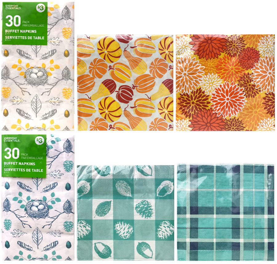 fall autumn napkin set in woodsy forest theme with eggs, feather, oak leaf, acorn, nest, pumpkin, squash, floral and plaid pattern