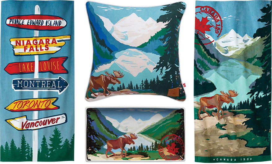 Canada day Canada 150 cottage decor items like beach towel, pillow cushion with illustration of Banff, lake louise, moose, mountains, trees, canadiana
