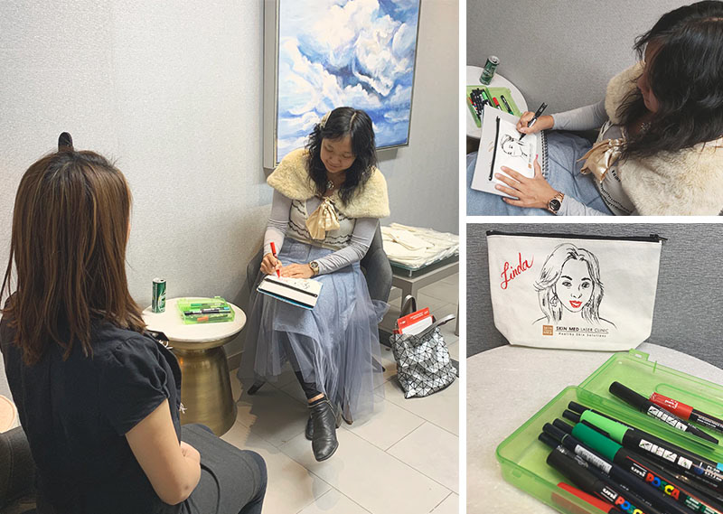 live sketching guest portraits on makeup bags for VIP customer appreciation holiday party at SKIN MED Laser Clinic in Toronto