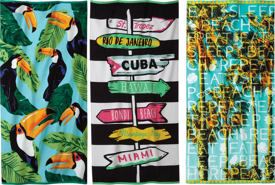 Summer beach towels in toucans, tropical, travel signs, surf beach palm trees typography type pattern