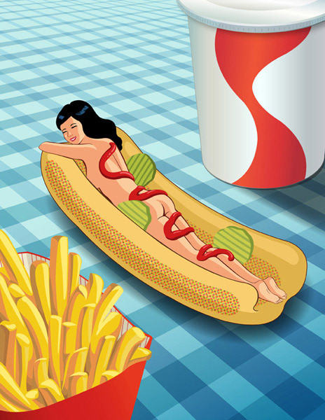 Food girl digital painting series: pin up girl in an oversized hot dog with ketchup and pickles surrounded by fries and a drink