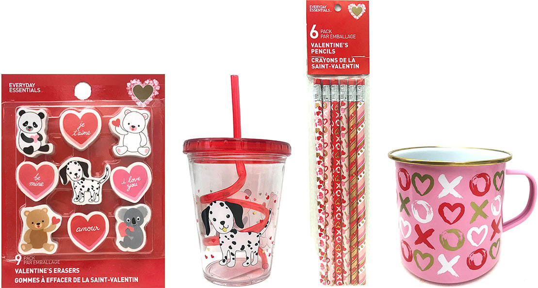 Valentines Day erasers of cute panda, polar bear, teddy bear, dalmatian, koala, sippy cup, pencils with heart pattern, and mug with xo pattern