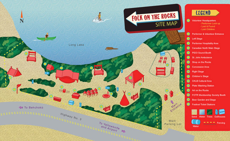 infographic illustration map of a folk music festival in Yellowknife, Canada