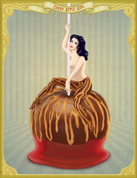Food girl digital painting series: pin up girl posing with oversized caramel candy apple with a circus style frame