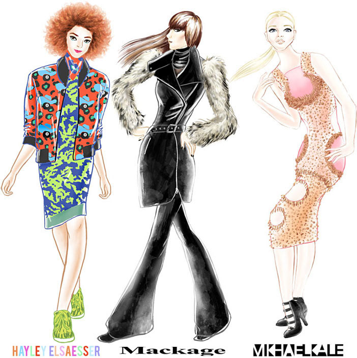 digital painting of my three favourite looks from 2015 fall winter Toronto Fashion Week collections including Hayley Elsaesser, Mackage and Mikhael Kale