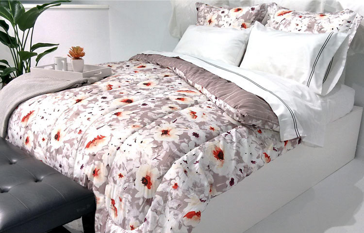 Bedding duvet and pillow set in painterly taupe, white and orange floral pattern