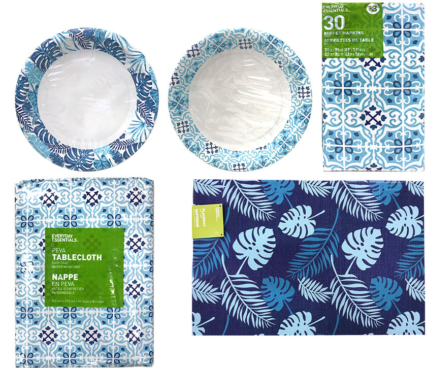 bright summer napkin, plates, placemat, tablecloth set in blue tropical leaves and geometric tile pattern