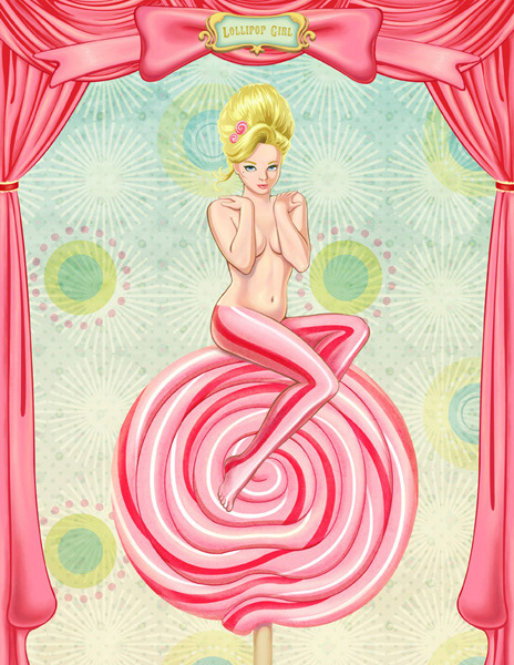 Food girl digital painting series: pin up girl sitting on oversized pink and red lollipop with stage curtains