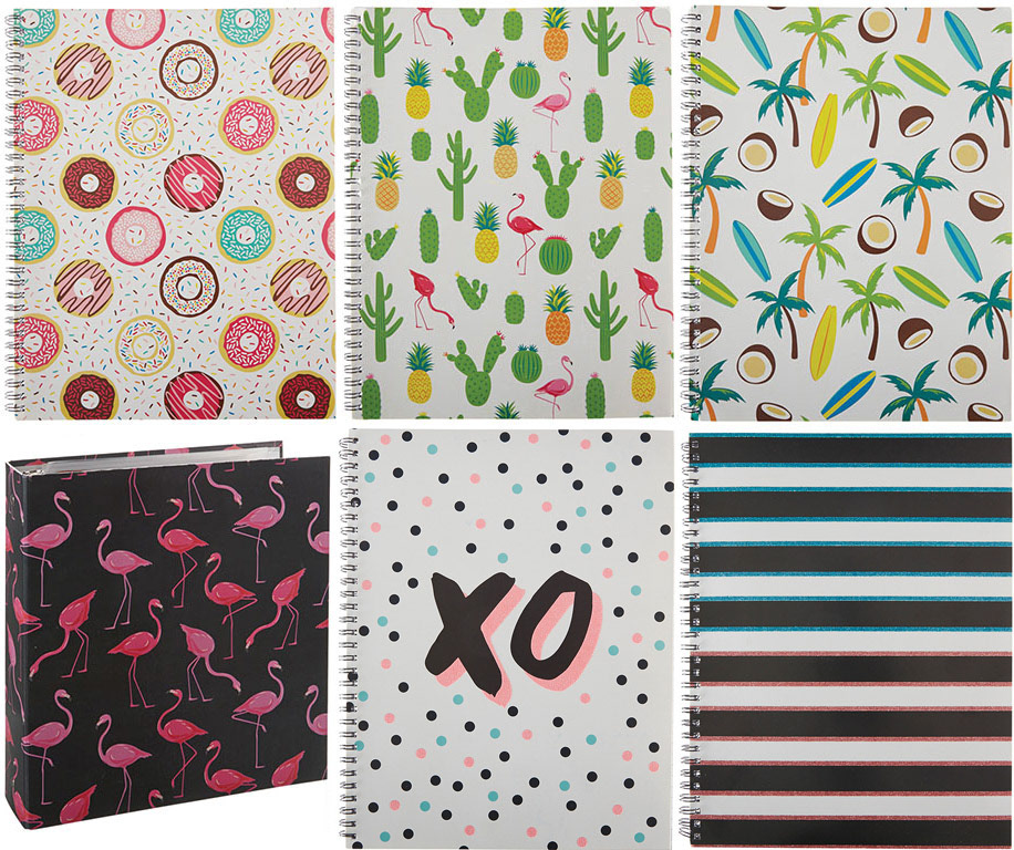 Stationery set of notebooks and binders in donut, cactus, flamingo, tropical, palm trees, surfboard, coconut, xo and stripes pattern