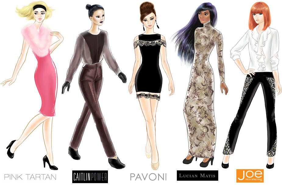 digital painting of my five favourite looks from 2013 Fall winter Toronto Fashion Week collections including Pink Tartan, Caitlin Power, Pavoni, Lucian Matis and Joe Fresh