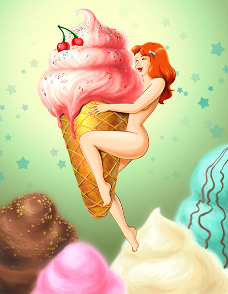 Food girl digital painting series: pin up girl embracing a floating oversized ice cream one surrounded by more ice cream