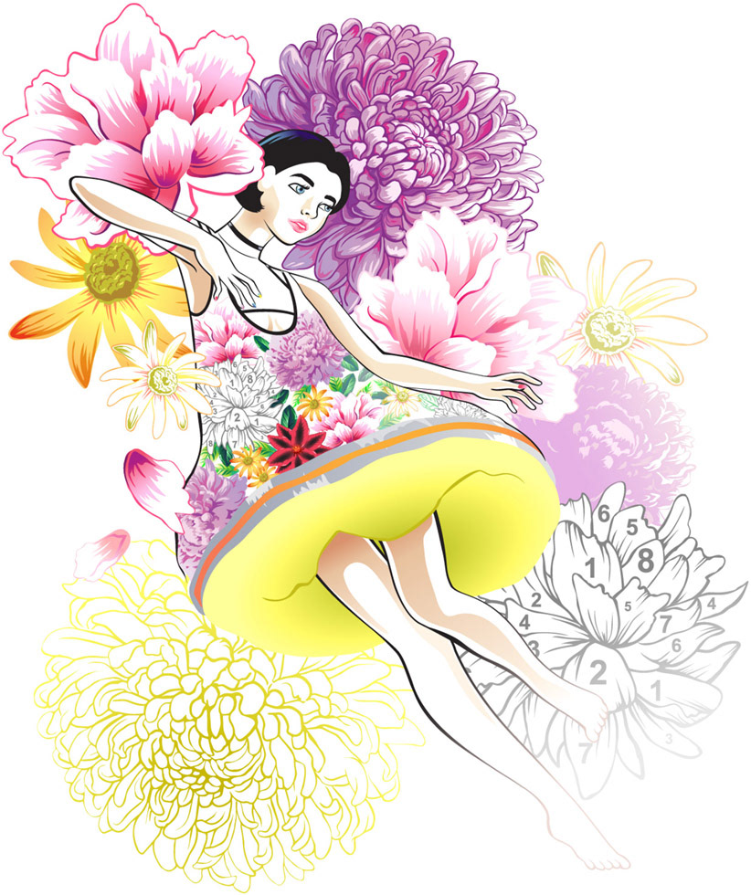 colourful digital illustration of a girl floating in oversized flowers. Inspired by Mary Katrantzou's 2018 spring summer collection