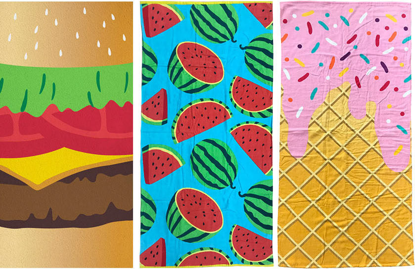 colourful summer food beach towels with hamburger, watermelons and melting sprinkle ice cream cone