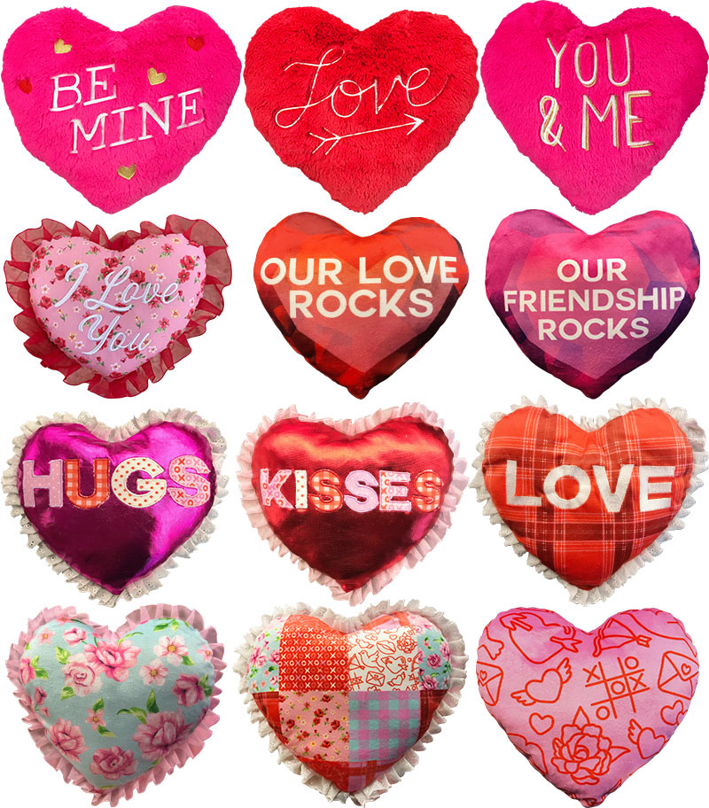 valentine plush heart pillows with embroidered slogans, patterns, and embellishments