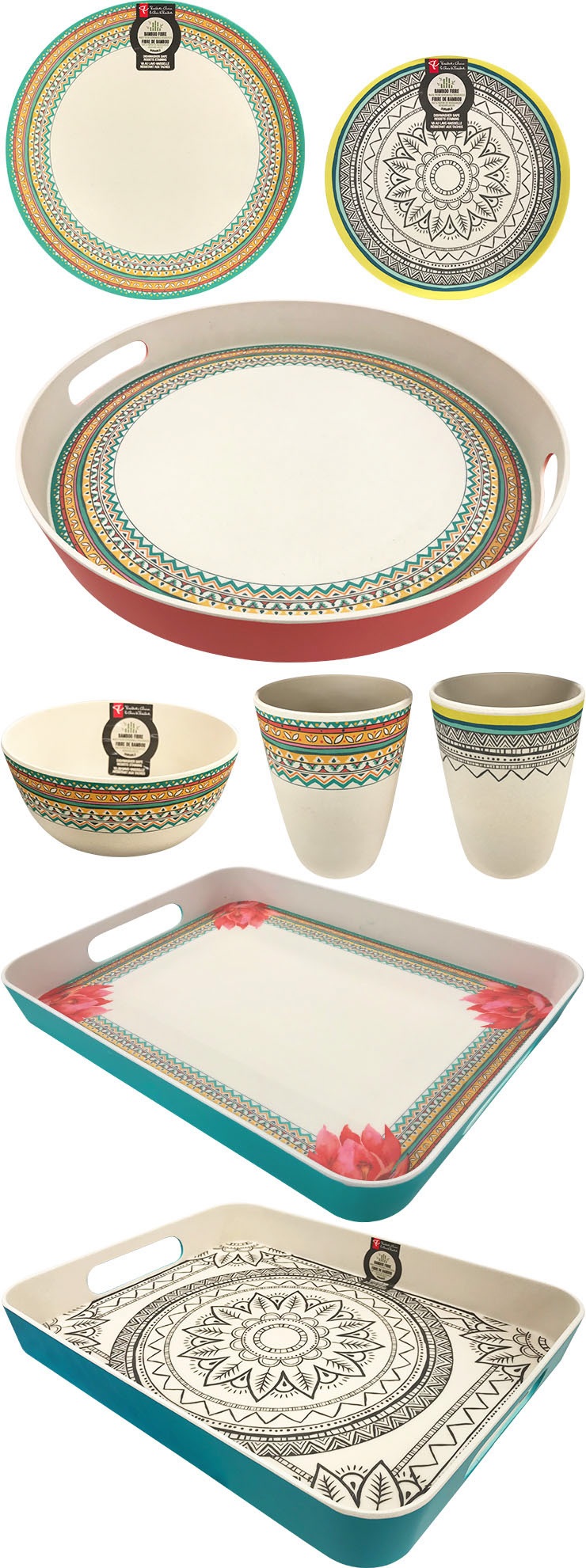 summer patio bamboo fibre plates, tray, bowl, and cups serveware set in hand-drawn mandala style